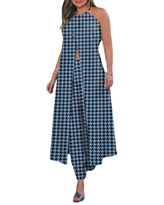 Spring And Summer Chic Halter Neck Sleeveless Houndstooth Printed Loose Top High Waist Pants Two Piece Set