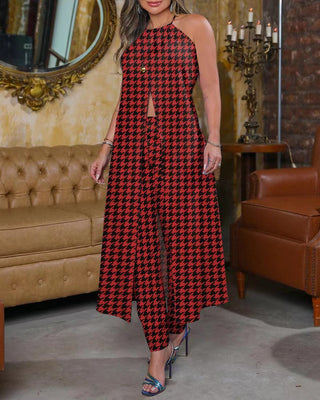 Spring And Summer Chic Halter Neck Sleeveless Houndstooth Printed Loose Top High Waist Pants Two Piece Set