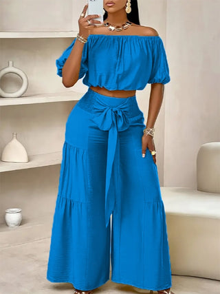 Women's Casual High-Waist Solid Color Flared Lace-Up Wide-Leg Pants Set