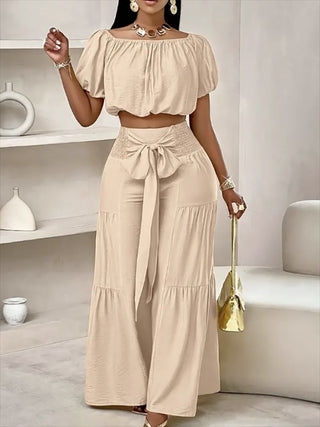 Women's Casual High-Waist Solid Color Flared Lace-Up Wide-Leg Pants Set