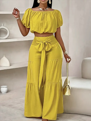 Women's Casual High-Waist Solid Color Flared Lace-Up Wide-Leg Pants Set