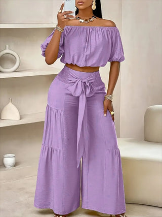 Women's Casual High-Waist Solid Color Flared Lace-Up Wide-Leg Pants Set
