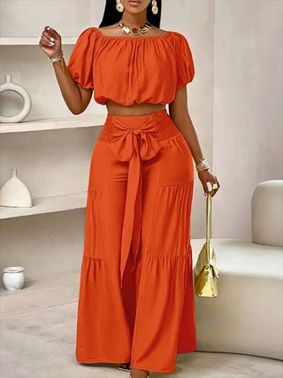 Women's Casual High-Waist Solid Color Flared Lace-Up Wide-Leg Pants Set