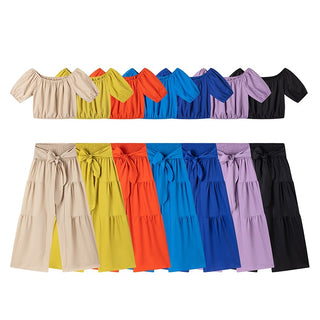 Women's Casual High-Waist Solid Color Flared Lace-Up Wide-Leg Pants Set