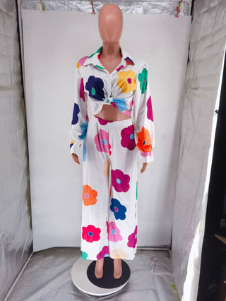 Women's Fashion Casual Digital Printing Floral Pants Two-Piece Set