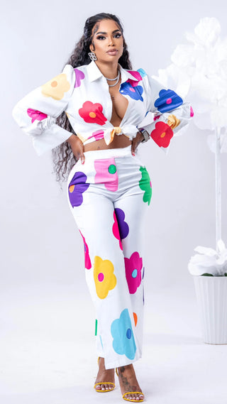 Women's Fashion Casual Digital Printing Floral Pants Two-Piece Set