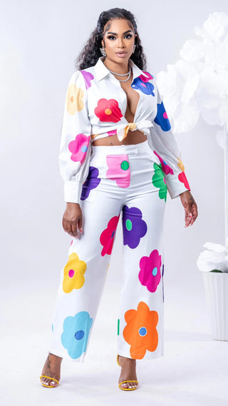 Women's Fashion Casual Digital Printing Floral Pants Two-Piece Set