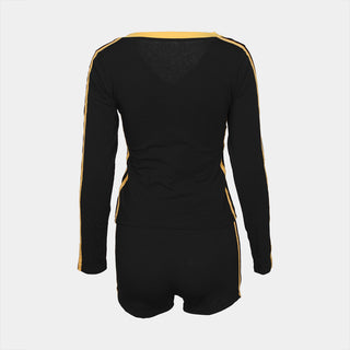 Women Autumn American Retro Contrast V-Neck Long Sleeve Top and lace-up shorts two-piece set