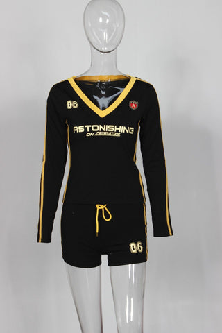 Women Autumn American Retro Contrast V-Neck Long Sleeve Top and lace-up shorts two-piece set