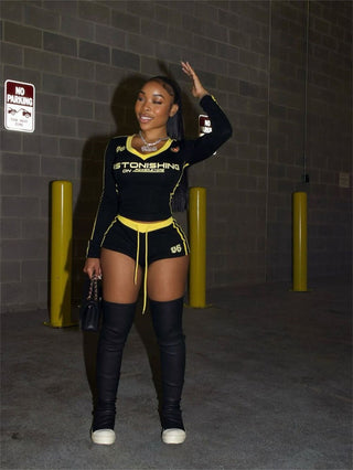 Women Autumn American Retro Contrast V-Neck Long Sleeve Top and lace-up shorts two-piece set