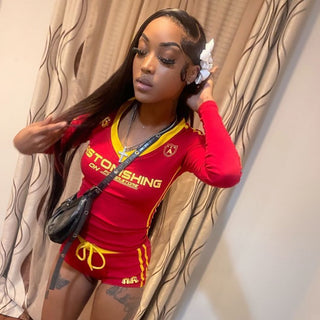 Women Autumn American Retro Contrast V-Neck Long Sleeve Top and lace-up shorts two-piece set