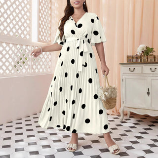 Plus Size Women Polka Dot Printed Pleated Dress