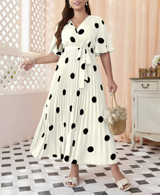 Plus Size Women Polka Dot Printed Pleated Dress