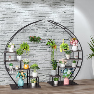 2pcs, 5-layer Semi-circular Iron Wood Black Iron Flower Rack