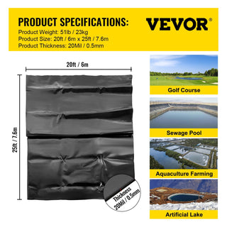 VEVOR LLDPE Pond Liner 20x25 Ft, Pond Liner 20 Mil, Fish Pond Liners For Waterfall, Pond And Fish Ponds
