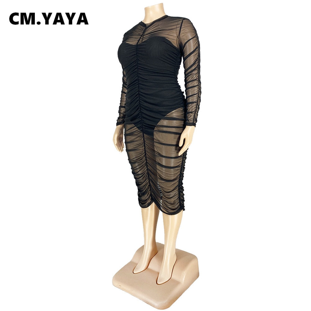 CM.YAYA Mesh See Though S Plunging V Neck Midi Bodycon Dress For