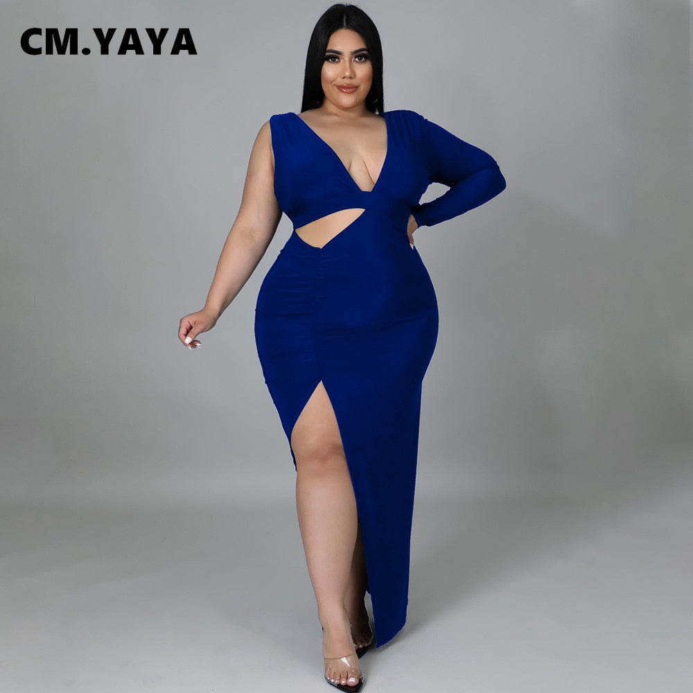 CM.YAYA Mesh See Though S Plunging V Neck Midi Bodycon Dress For